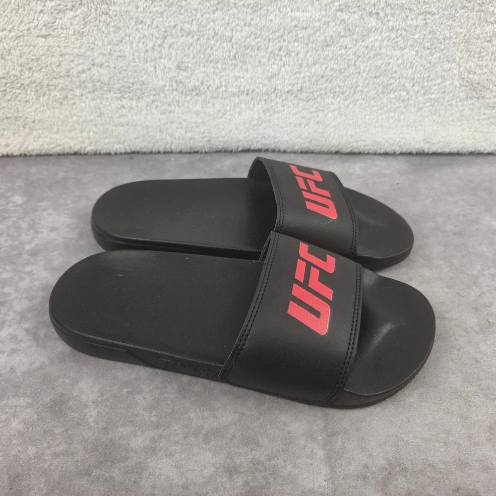 UFC Mens Slide Sandals Black Red Logo Athletic Slip On Shoes Gym Shower Slides